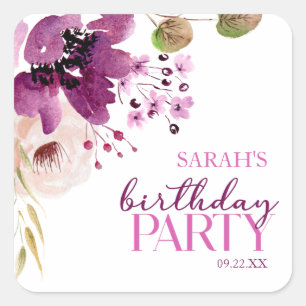 Violet Magenta Purple Floral Birthday Party Square Sticker