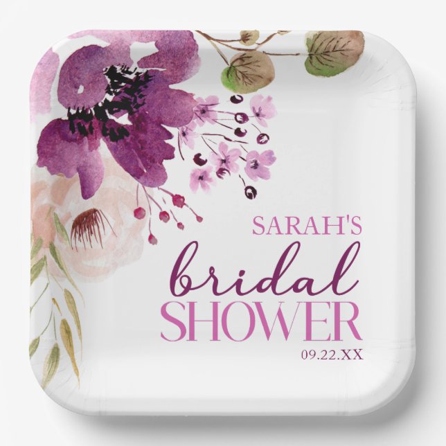 Violet Magenta Purple Floral Bridal Shower Paper Plates (Front)