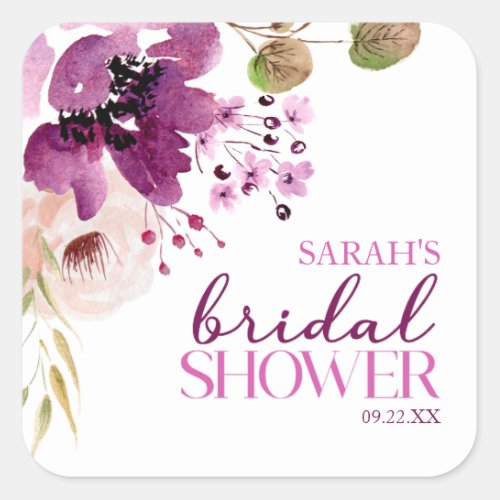 Violet Magenta Purple Floral Bridal Shower Square Sticker