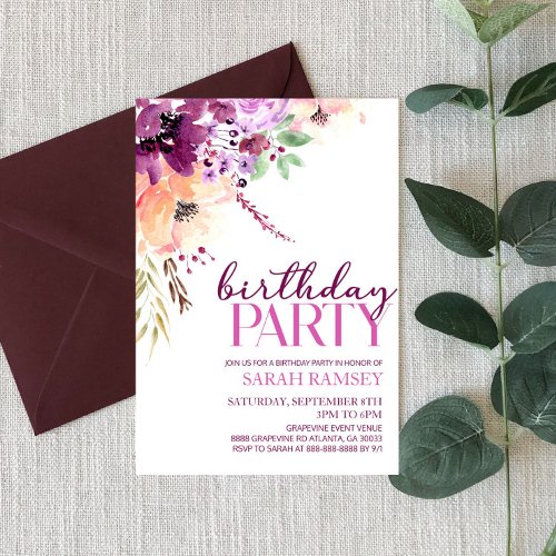 Violet Magenta Purple Floral Flower Birthday Party Invitation