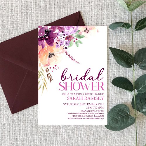 Violet Magenta Purple Floral Flowers Bridal Shower Invitation