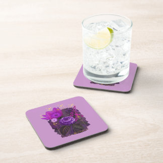 Violet Magical Floral Bouquet in Golden Frame Beverage Coaster