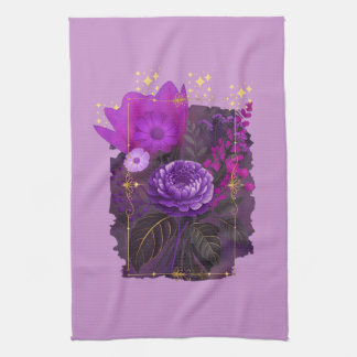 Violet Magical Floral Bouquet in Golden Frame Kitchen Towel