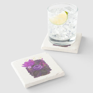 Violet Magical Floral Bouquet in Golden Frame Stone Coaster