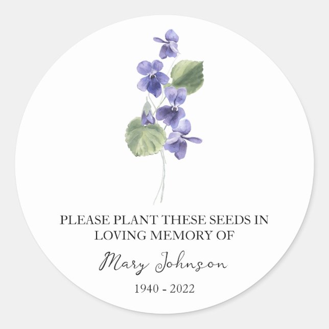 Violet Memorial Funeral Seed Packet Classic Round Sticker (Front)