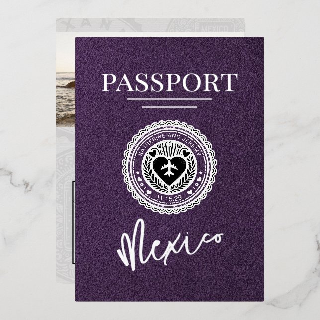 Violet Mexico Passport Wedding Foil Invitation (Front/Back)