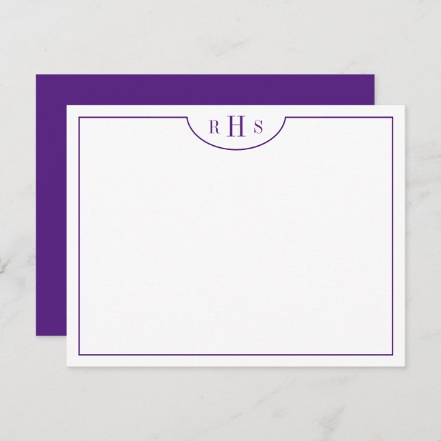 Violet Minimalist Three Monogram One Border Note Card (Front/Back)