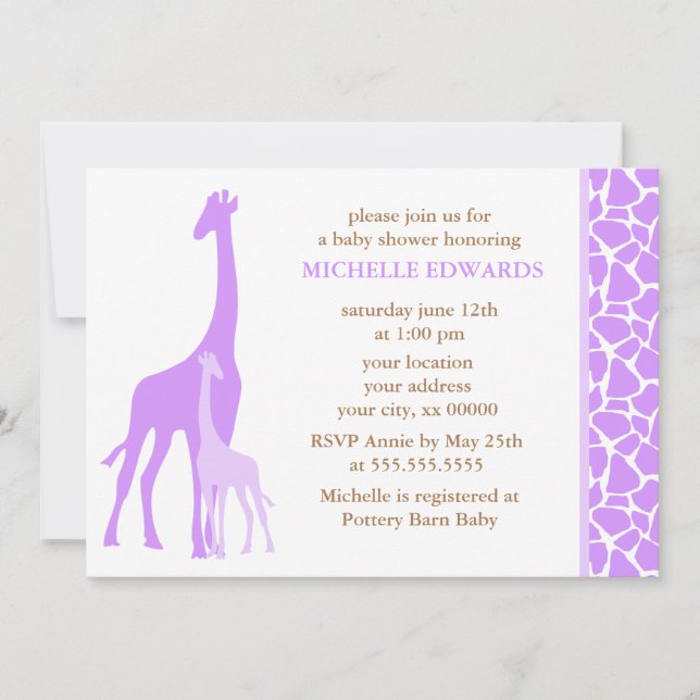 Violet Mom and Baby Giraffe Baby Shower Invitation (Front)