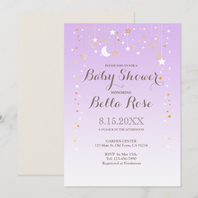 Violet Moon Star Girl Baby Shower Invite (Front/Back)