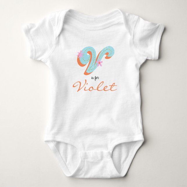Violet name Reveal Floral Letter V Girl Flower Baby Bodysuit (Front)