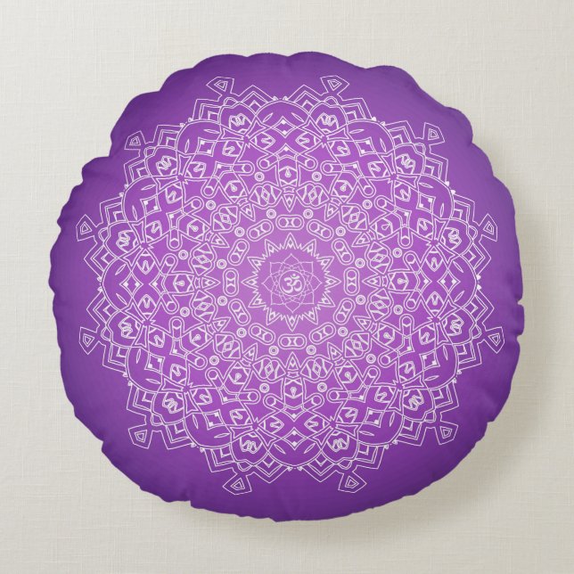 Violet Om Mandala Meditation Round Pillow (Front)