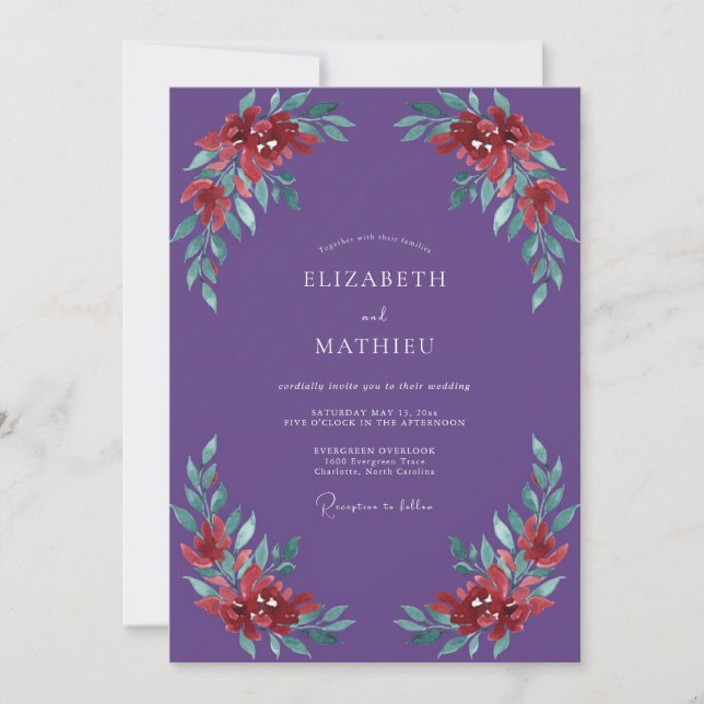 Violet Painted Leaf Wedding Invitation (Front)