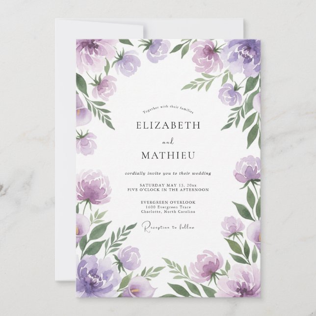 Violet Painted Ranunculus Wedding Invitation (Front)