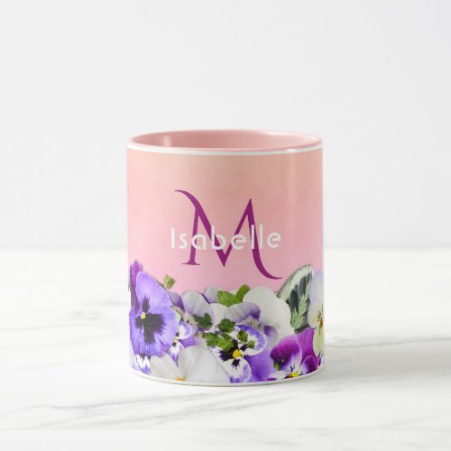 Violet pansies flowers on peach with monogram name mug