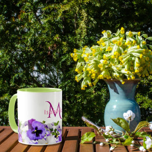Violet pansies flowers white monogram name mug