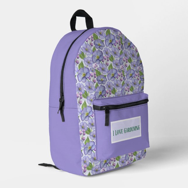 Violet Pansy Garden Printed Backpack (Back Corner Left)