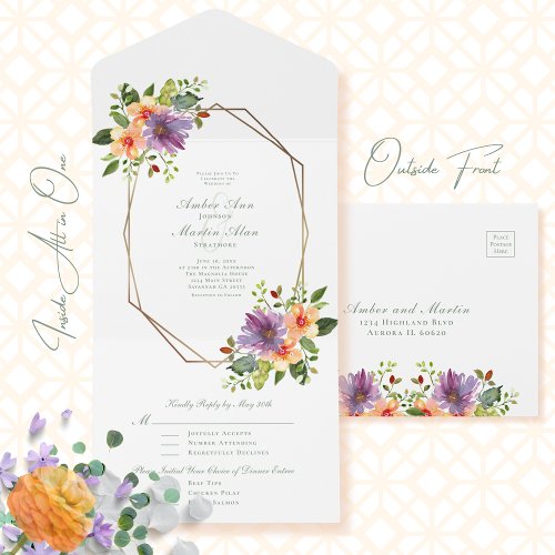 Violet Peach Floral Watercolor Octagon Wedding  All In One Invitation