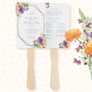 Violet Peach Watercolor Floral Octagon Program Hand Fan