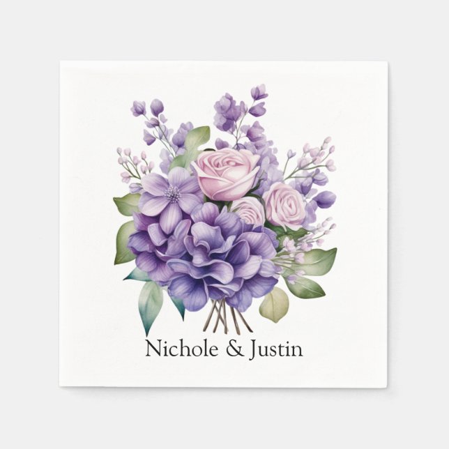 Violet Peony And Roses Wedding Custom Napkins (Front)