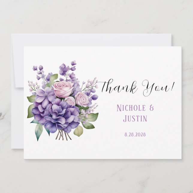 Violet Peony And Roses Wedding Thank You Cards (Front)