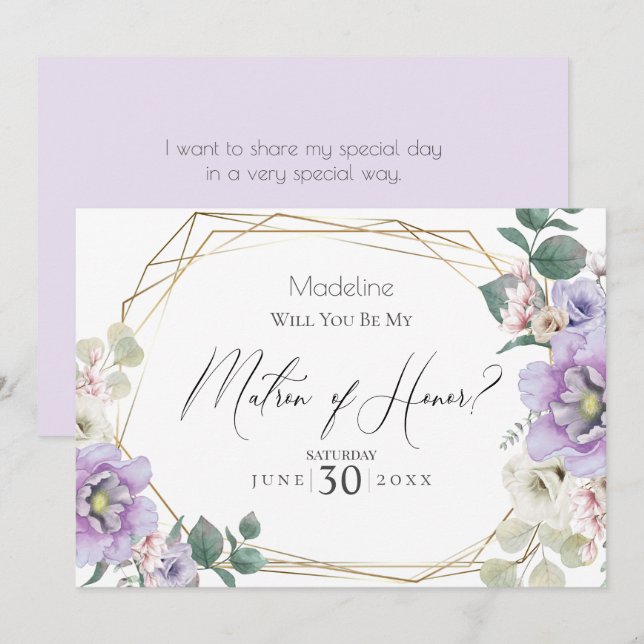 Violet Peony Flower Will You Be My Matron of Honor Invitation (Front/Back)