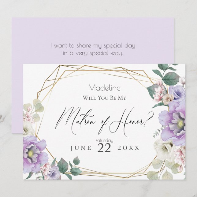 Violet Peony Flower Will You Be My Matron of Honor Invitation (Front/Back)