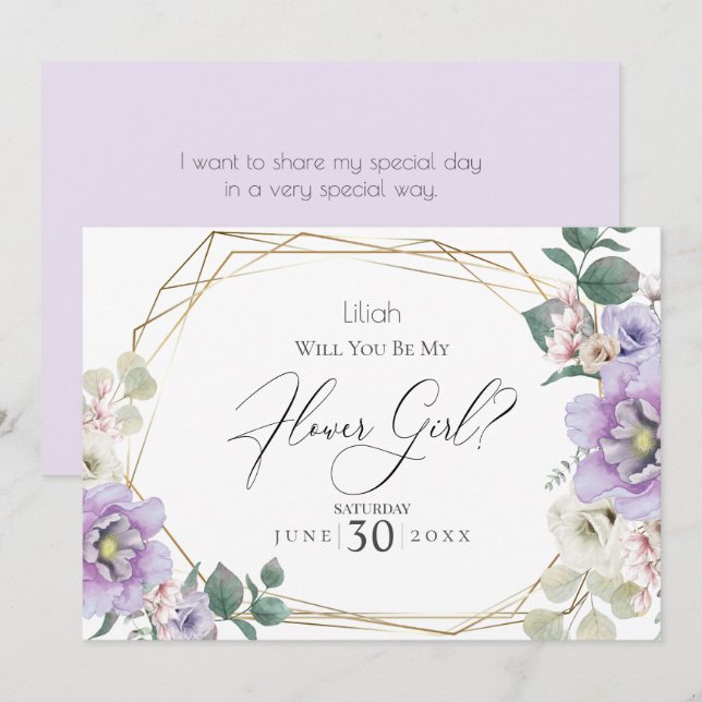 Violet  Peony Flowers  Will You Be My Flower Girl Invitation (Front/Back)