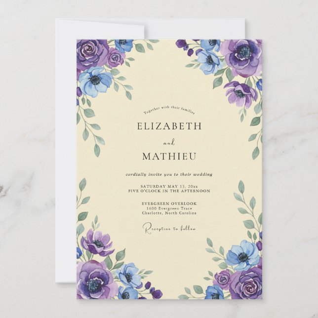 Violet Periwinkle Peony Wedding Invitation (Front)