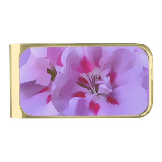 Violet Pink Abstract Hibiscus Flower Gold Finish Money Clip (Front)