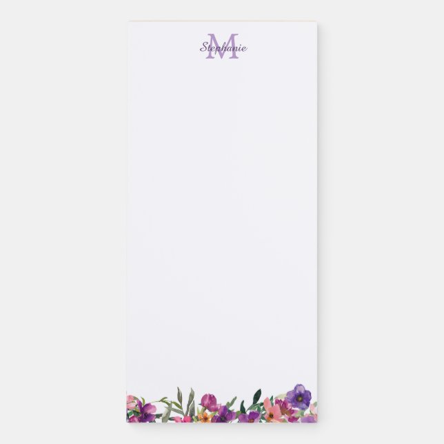 Violet Pink and Blue Floral Monogram Magnetic Notepad (Front)