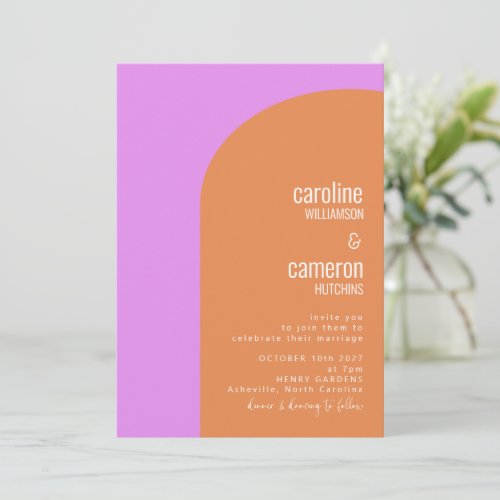 Violet Pink and Orange Retro Geometric Wedding Invitation