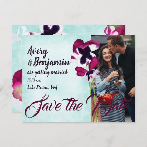 Violet Pink Aqua Turquoise Pansies Save the Date Advice Card