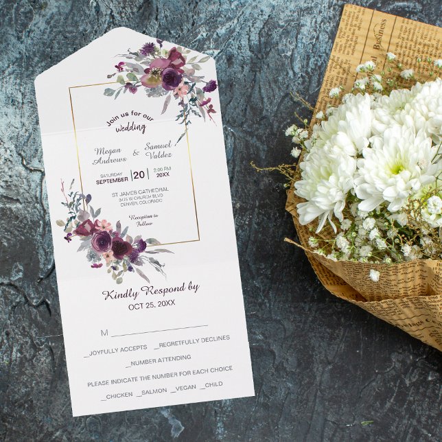Violet Pink Blue Floral Gold Frame Wedding  All In One Invitation (Creator Uploaded)