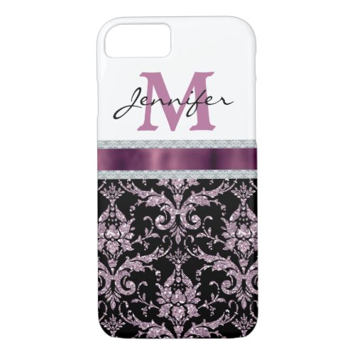 Violet Pink Damask Faux Diamond Monogram iPhone 87 Case