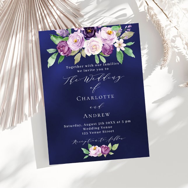 Violet pink floral blue budget wedding invitation (Creator Uploaded)
