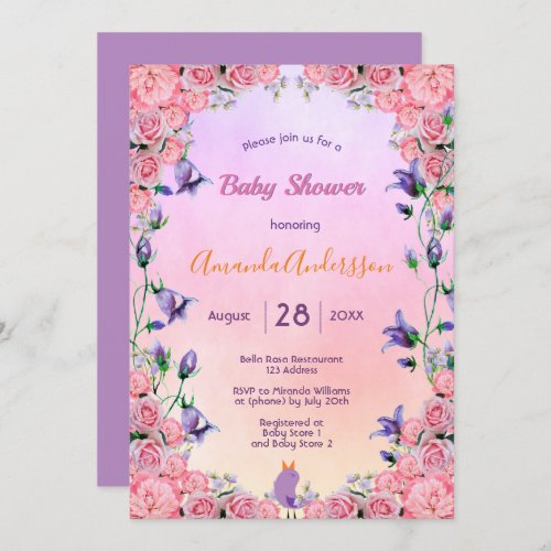 Violet pink floral garden baby shower invitation