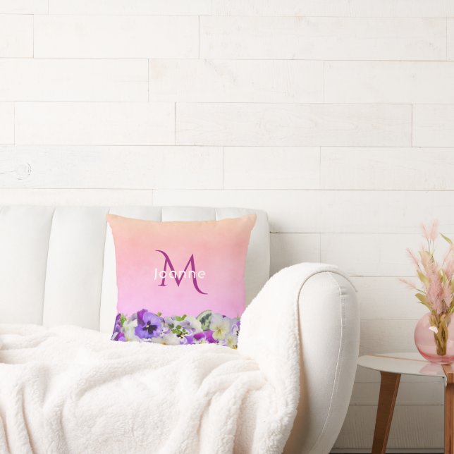 Violet pink florals monogram name throw pillow (Couch)