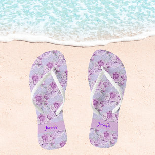 Violet pink flowers roses name script flip flops
