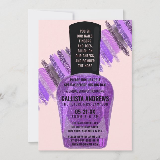 Violet Pink Glitter Nail Polish Spa Bridal Shower Invitation (Front)