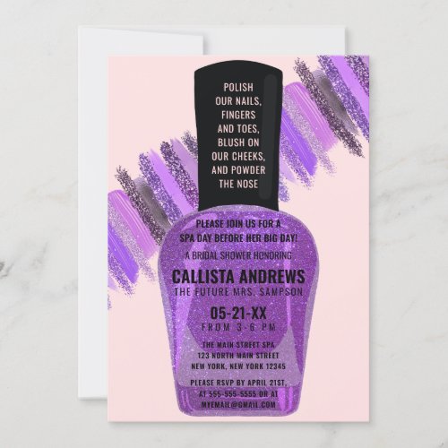 Violet Pink Glitter Nail Polish Spa Bridal Shower Invitation