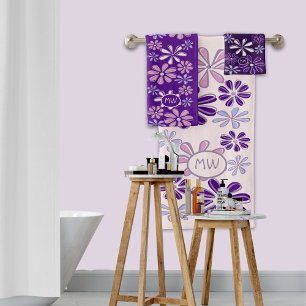 Violet Pink Indigo Flower Doodle Initials Bath Towel Set
