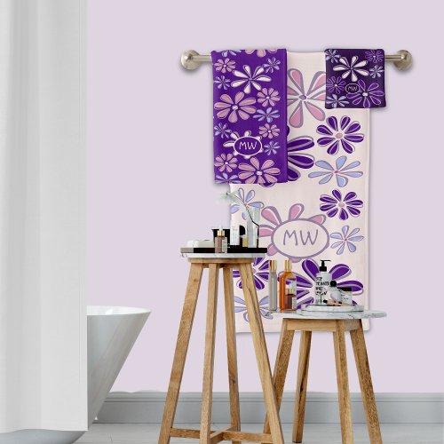 Violet Pink Indigo  Flower Doodle Initials Bath Towel Set