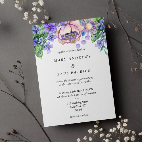 Violet pink lavender gold wildflowers Wedding Invitation