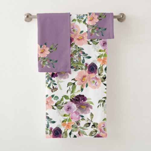 Violet Pink Lavender Roses Pattern Monogram Bath Towel Set