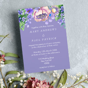 Violet pink lilac ivory gold wildflowers Wedding Invitation