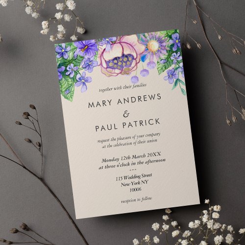 Violet pink lilac ivory gold wildflowers Wedding  Invitation