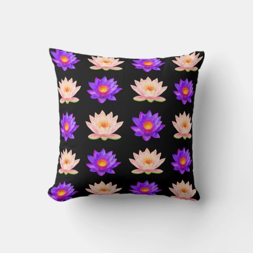 Violet  Pink Lotus Flowers on Black Throw Pillow