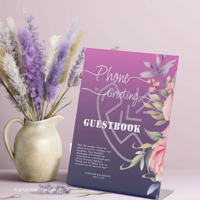 Violet Pink Peony Wedding Phone Greeting Guestbook Pedestal Sign (Welcome love in style! sets the tone for unforgettable wedding memories. 💐✨)