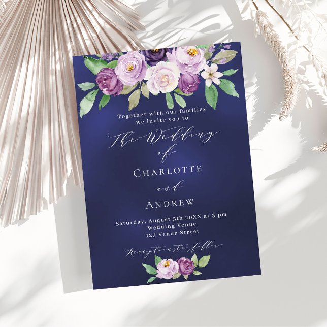 Violet pink purple floral navy blue luxury wedding invitation (Creator Uploaded)
