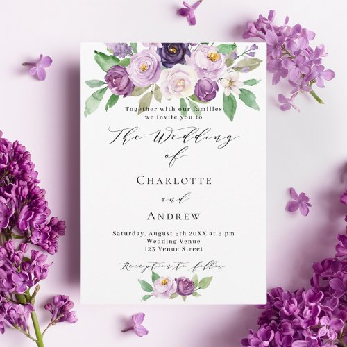 Violet pink purple floral watercolor wedding invitation